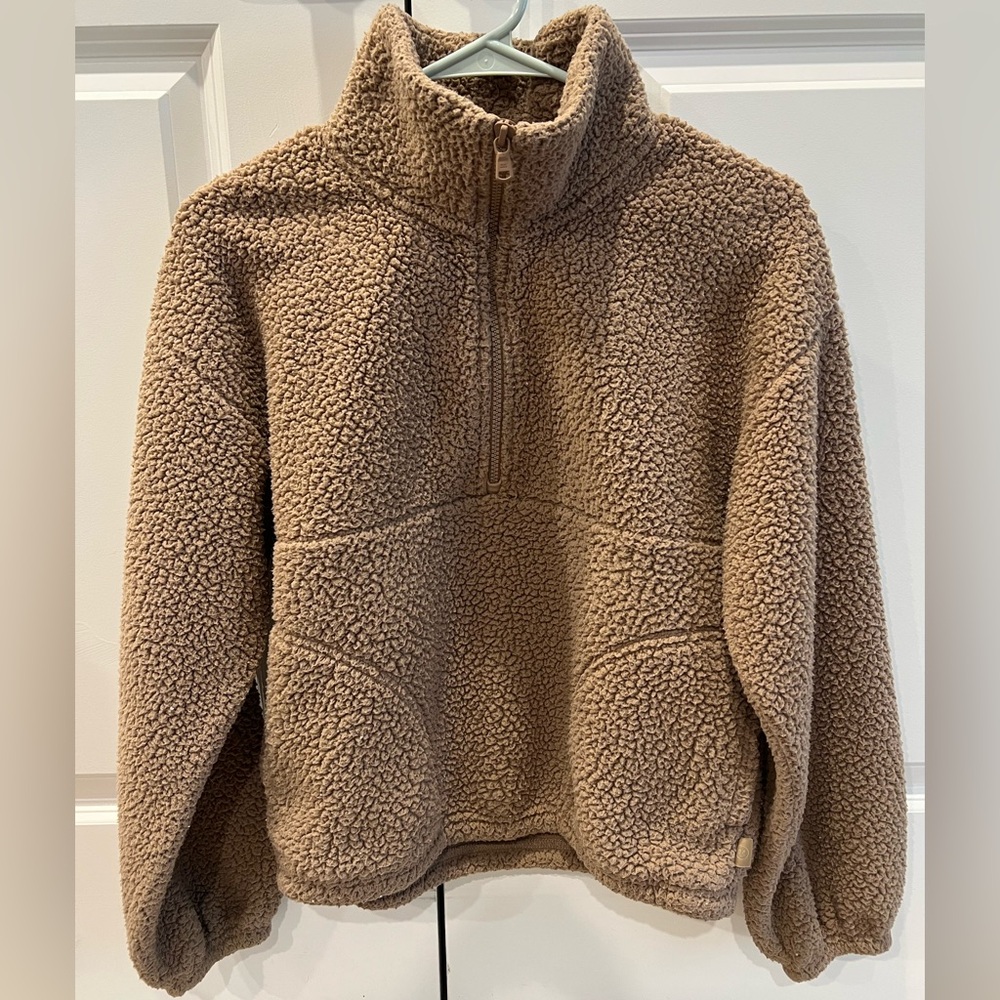 Gill Hicks Cozy Brown Sherpa Half Zip Pullover with Pockets